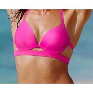 Victorias Secret Bikini Top 34A Hottie Halter Solid Pink Pushup Padded